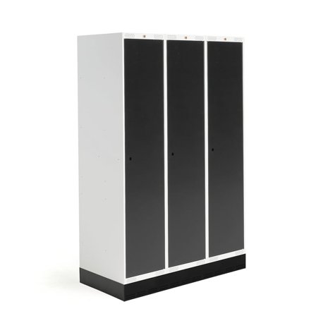 Elevskab ROZ, 3 sektioner, 3 sorte døre, 1890x1200x550 mm, inkl. sokkel