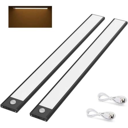 2 stk LED-skaplampe, 40 cm, trådløs, USB-oppladbar, magnetisert, bevegelsessensor, 3 lysmoduser, bærbar, skaplys, varmt hvitt 3000K, svart