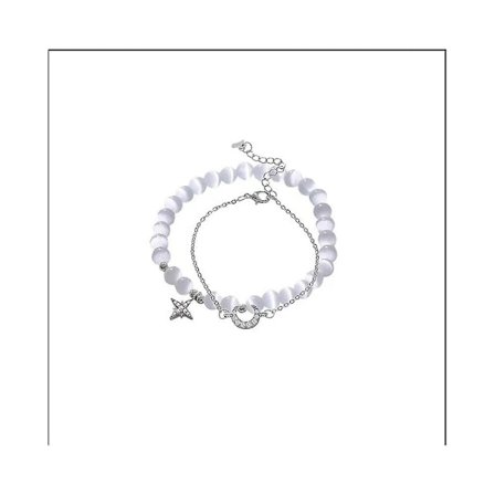 Dubbellagers armband med kattöga-sten, stjärna, måne och pärlor