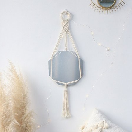 Vægmonteret spejl med frynser, boheme geometrisk dekorativt spejl til