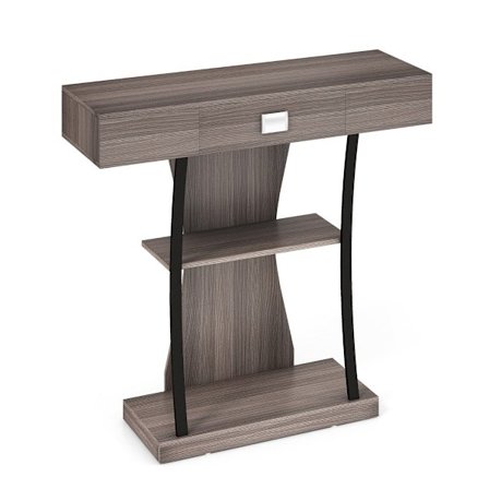 Konsolbord i trä med lådor & metallstomme & 2 hyllor & tippskydd grå