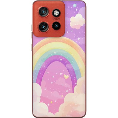 Yhteensopiva Puhelinkuori Motorola Edge 50 Neo Pastellivärinen sateenkaari vaaleanpunaisen ja violetin pilvitaivaan edessä tähtineen ja sydämineen peh