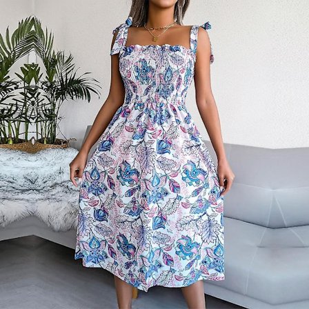 Sommarklänning för kvinnor, spagettiband, blommig, ärmlös, smal passform, semesterstil, mediumlångt tryck, blå röd himmelsblå röd S M L Xl