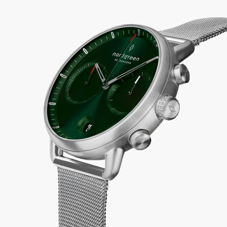 Nordgreen - Sportliche Moderne Chronograph Herrenuhr - Silber - Grünes Ziffernblatt - 42mm Mesh Armband Silber