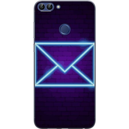 Yhteensopiva Puhelinkuori Huawei Huawei P smart Neonilta illuustraatio kirjekuoresta sinisessä valossa lila tiiliseinää vasten, nykyaikainen symbol