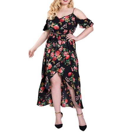 Kvinnor Plus Size High Waist Boho Floral Cold Shoulder Split Maxi