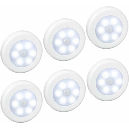 (6 Pakk) LED Sensorlys, Bevegelsessensorlys, Skaplys, Batteridrevet (Ikke Inkludert), LED-lys for Trapper, Skap, Garderober, Enkel Installasjon