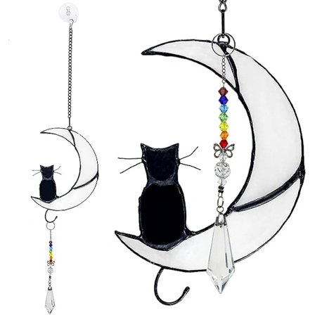 Farget glass vindushengende ornament sol krystallfanger med sugekopp, katt på hvit måne Håndlaget DIY hengende ornament for vindu Hjem Hagedekorasjon
