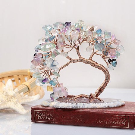 Handmade Colorized Crystal Money Tree For Good Luck Wealth Health, Figurine Bonsai On Natural Agate Slab