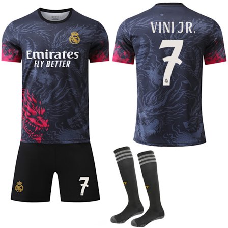 24-25 Real Madrid Dragon Mønster Special Edition Svart Rød Drakt NO.7 VINI JR. Skjorter Barn Voksen Fotballutstyr med Sokker