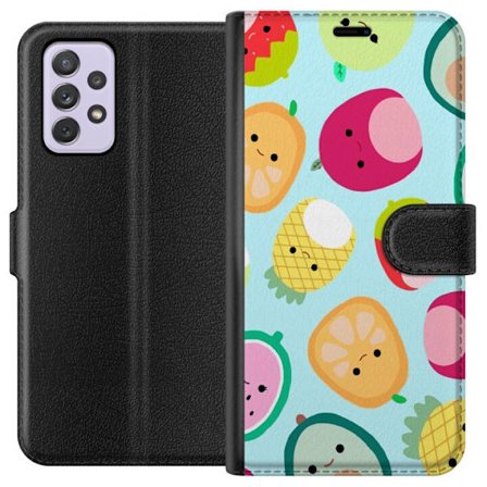 Kompatibel Tegnebogsetui til Samsung Galaxy A52s 5G Mønster af kawaii frugter som jordbær citron ananas og avocado på lyseblå baggrund