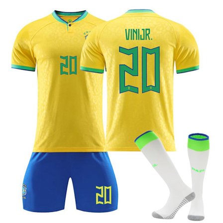 Qatar 2022 fotbolls-VM Brasilien Hemma Vini Jr #20 Tröja Samba Fotboll herr T-shirts Set Barn Ungdomar