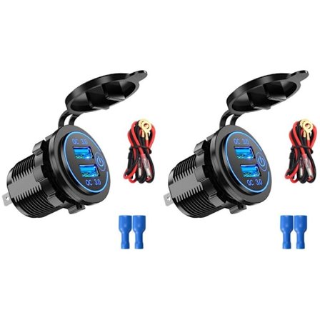 2 stk. QC3.0 dobbelt USB-billader 12V/24V lighter-stikkontakt med blå lys-touch-kontakt