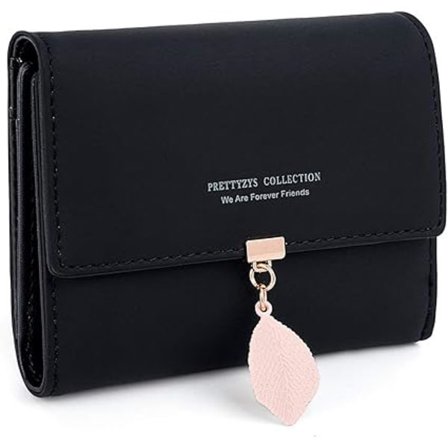 Svart damepung, udsøgt møntpung med blade, PU-lædervedhæng, 6 kortpladser inklusive 1 ID-vindue, 1 seddelrum og 1 lynlåsrum