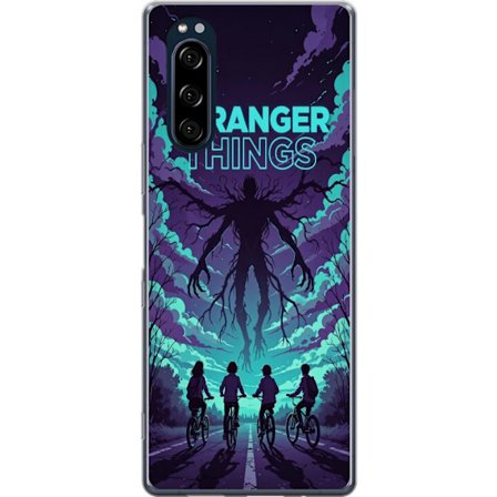Yhteensopiva Puhelinkuori Sony Sony Xperia 5 Stranger Things -inspiroitunut fantasiaillustraatio, jossa on tumma hirviö, pyöräilevät lapset ja dra