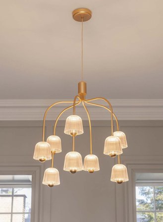 Asteea 9 lysekrone Ø66 - satin brass/rillet glass