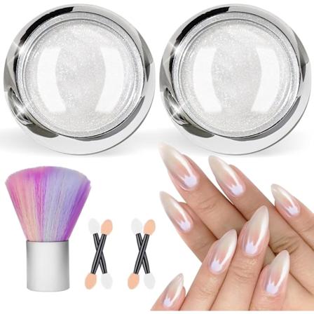 Pearl Chrome Neglepulver, 2 bokser Aurora Ice Transparent White Chrome Pulver for negler Glasert Donut Perlemor Magic Neglepulver Speileffekt White B