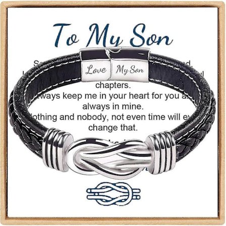 Armband till Min Son, För Alltid Förenade Tillsammans Flätad Läderarmband, Rostfritt Stål Magnetiskt Spänne Läderknut Manschett Armband, Tillbaka Till