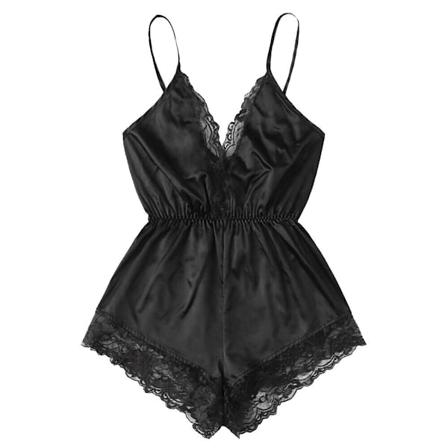 Sexy blondeundertøy for kvinner med snøring, V-hals, uten stropper, nattkjole, svart Black M