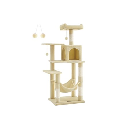 Rootz Cat Scratching Stolpe - Cat Tree - Cat Condo - Spånskiva - Plysch - Sisal Scratcher - 55cm x 45cm x 143cm - Beige - 13kg - 40kg Kapacitet