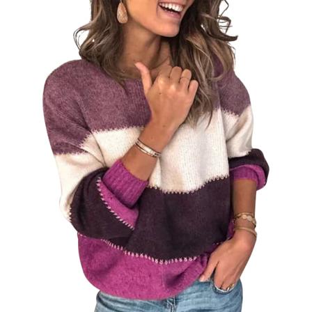 Damtröja Color Block Stripe Topp Rund Hals Långärmad