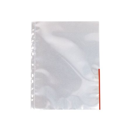 ESSELTE Plastficka signal, A4, stansad, 105 mikrometer, polypropylen, jämn, 11 hål, genomskinlig med röda remsor 100/fp - Lyreco - Kontorsmaterial - 