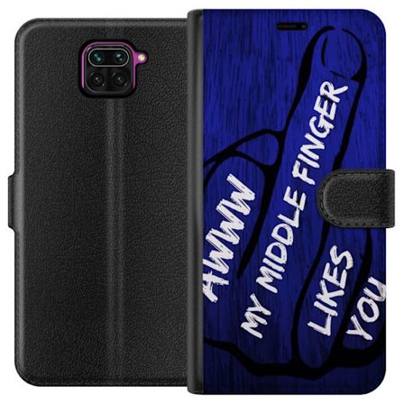 Kompatibelt Lommeboketui til Xiaomi Redmi Note 9 Mørk typografisk illustrasjon med hjerteform og budskap om vennskap mot dyp blå tretekstur