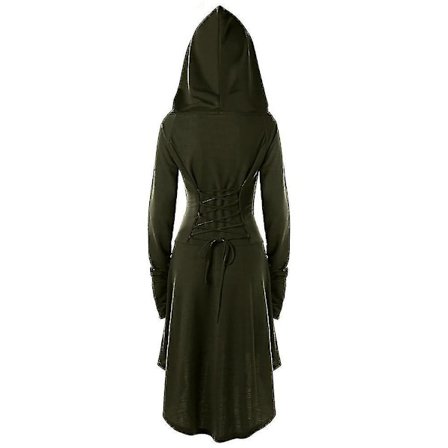 Retro Womens Solid Renaissance Medieval Costume Gothic Long Sleeve Lace Up Hooded Dress -a