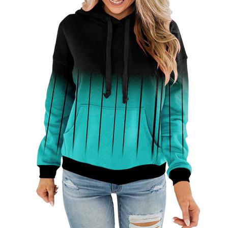 Kvinnor Pläd Gradient Fleece Fodrad Långärmad Pocket Hooded Toppar