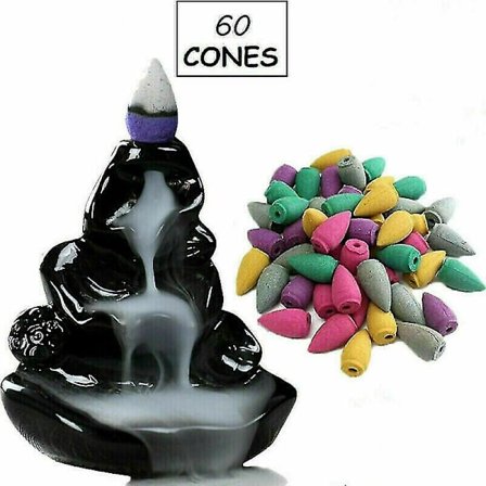 Backflow Keramisk Berg Vattenfall Rökelse Brännare Koner Hållare + 60cone