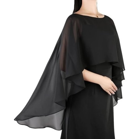 Gennemsigtig Chiffon Cape, Bløde Capes til Kvinder, Letvægts Sjaler og Wraps til Festkjole, Sort