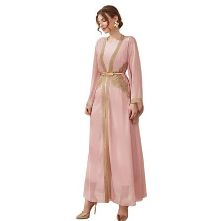 Sömnadsklänning Kvinnor Klänning Islamisk Arabisk Kaftan Spets Muslimsk Casual Långärmad Klänningar för Kvinnor(Pale Pinkish Grey XL)