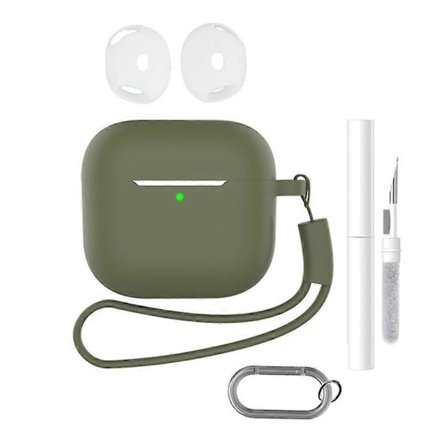 Lämplig för AirPods 4 hörlurar silikon skyddsfodral set med anti-förlorad nyckelring, rem, öronproppar, rengöringspenna (turkos, militärgrön)