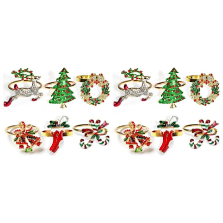 12 st Set med Julservettringar, Gyllene Ringhållare, Metall för Matbord