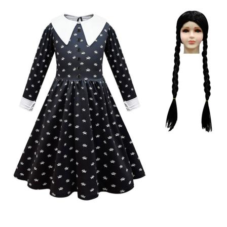 Wednesday Addams Cosplay Kostume Kjole Sæt Halloween Kostume Karneval Fest For Klædning Til Piger(150cm Med Paryk)