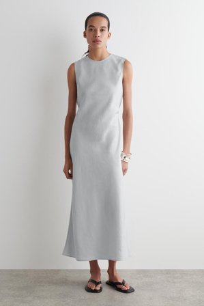 COS Femme Robe Midi Coupée En Biais En Lin Mélangé Dress in Turquoise