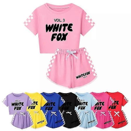 Hvite reve-t-skjorte med korte ermer + shortssett for jenter