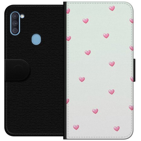 Kompatibel Tegnebogsetui til Samsung Samsung Galaxy A11 Minimalistisk mønster med lyserøde hjerter på en lysegrå baggrund, sødt og enkelt design