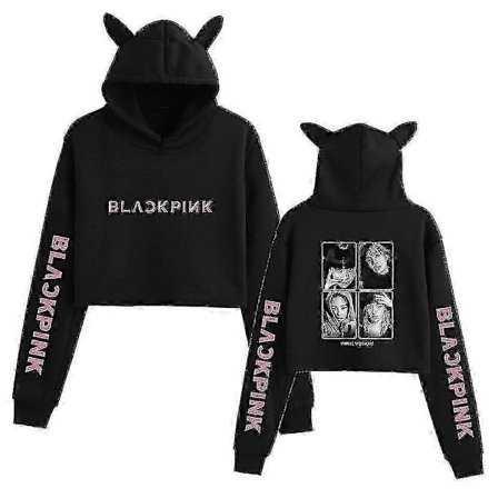 Black Pink Koreansk Gruppe Periferi Printet Casual Navlefri Sweatshirt med Katteører til Piger