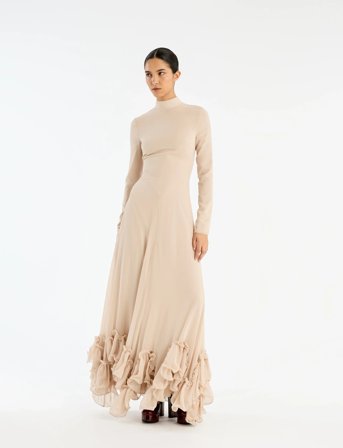 ROTATE Birger Christensen Chiffon Maxi Ruffle Dress - Beige - 38