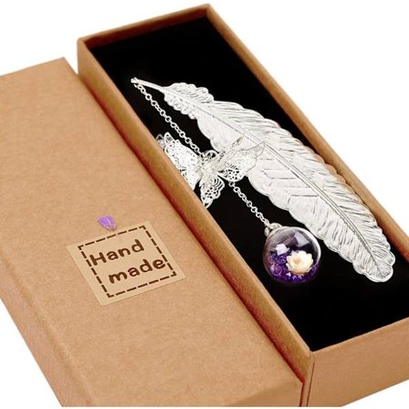 Kirjanmerkit 3D-perhosriipuksella hopea sulka violetti valkoinen