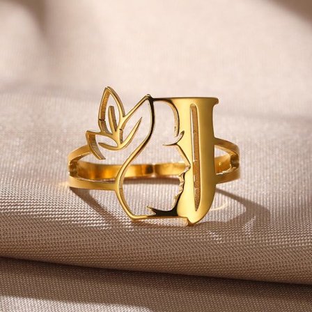 Rostfritt stål Guldfärg Blombokstäver Ringar för kvinnor Alfabetsmycken Pretty Girl Initialer Justerbara Ringar Festpresenter