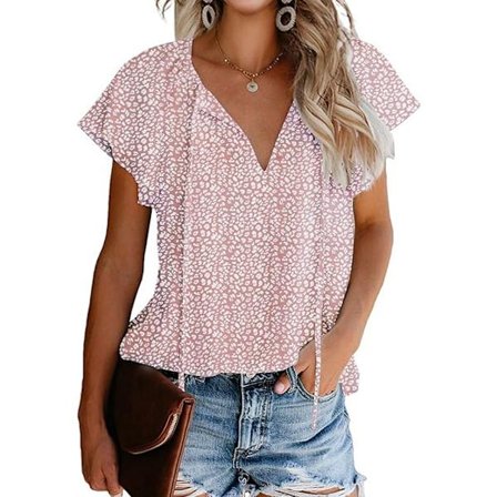 Kvinners Casual Blomstertrykk V-hals Ruffle Korte Ermer Sommer Skjorter Topper L
