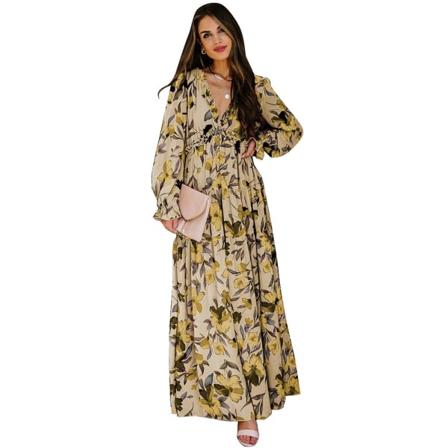Blommig klänning i tyll för kvinnor Lös Casual Chiffongklänning LC613415-yellow L
