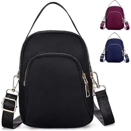 Cross Body Phone Bag til kvinder, nylon pung skuldertaske, 3 lag lynlås mobiltelefon pung med justerbar rem (sort 2)