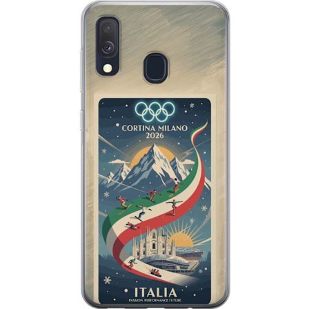 Yhteensopiva Puhelinkuori Samsung Galaxy A40 Mäkihyppykuvitus, jossa hiihtäjä tähtää kiväärillä lumisella radalla, teksti Milano Cortina 2026 ja olymp