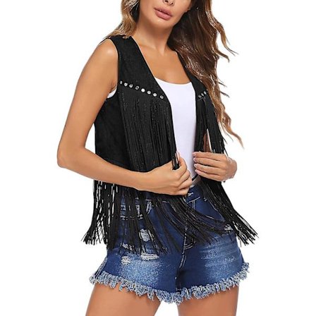 Dame Lang Kvast Ruskindsvest Åben Front V-hals Ensfarvet Nittedekor Damer Vintage Frynset Vest Streetwear