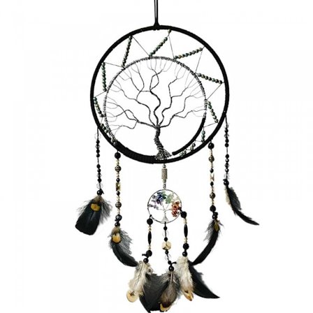 Naturliga 7 Chakra Stenar Drömfångare Reiki Healing Kristaller Livets Träd Svarta Fjädrar Hängande Ornament Native American Drömfångare