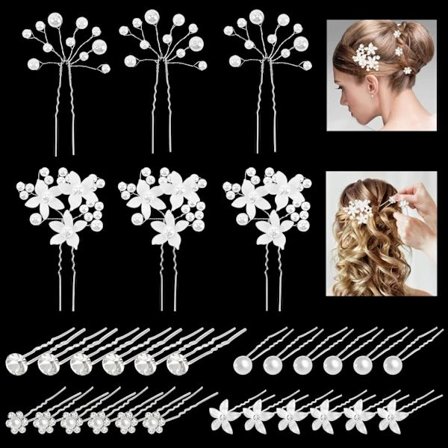 30 stk Bryllupshårnåler, Hårtilbehør med Rhinestones og Perler, U-Form