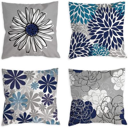 Blå kuddfodral 18x18 set med 4 grå dekorativa cover för soffa Moderna Daisy Case för vardagsrum Kudde Säng utomhus Marinblå Blue